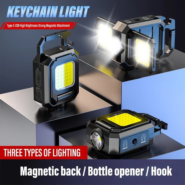 NEWBIRTH Mini-LED-Taschenlampe als Schlüsselanhänger mit doppeltem COB-Licht, wiederaufladbar via USB, mit Magnet und integriertem Akku, Farbe: Schwarz - Bild 1