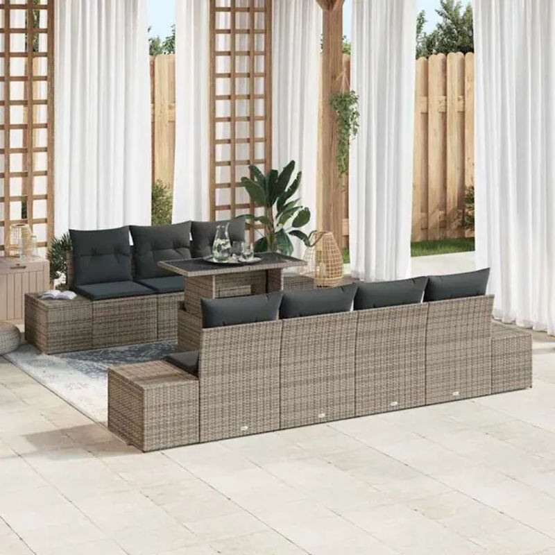 Vidaxl Loungemöbel Garten-Sofa-Set aus Polyrattan mit 8 Kissen in Grau, B/T/H: 100 x 55 x 73 cm - Bild 1