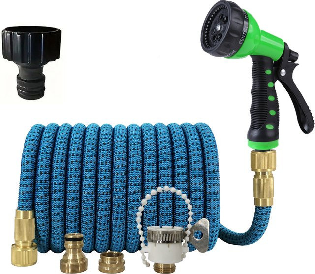 FLOWERS SPRAL Dehnbarer Magischer Gartenschlauch in Blau mit 7 Sprühmustern, Wasserpistole und Schaumkanne als Set - Bild 1