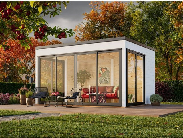 Palmako Gartenhaus Serena Slide Plus aus Fichtenholz mit Pultdach in Weiß, B/T: 420 x 320 cm - Bild 1