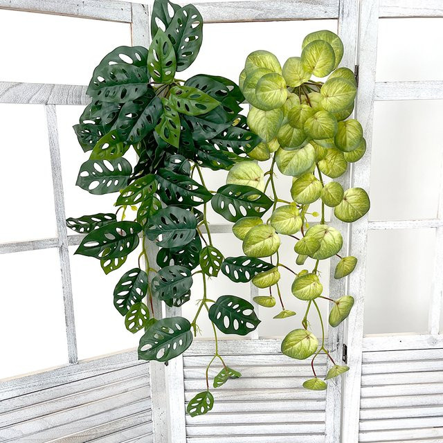 Künstliche hängende Pflanze ON-Merit in Grün mit tropischen Blättern und Rattan-Wicklung, Höhe: 90 cm - Bild 1