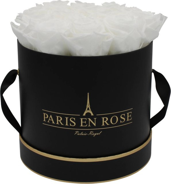 PARIS EN ROSE Rosenbox Schwarz-Gold mit 14 weißen Rosen, Durchmesser: 19 cm - Bild 1