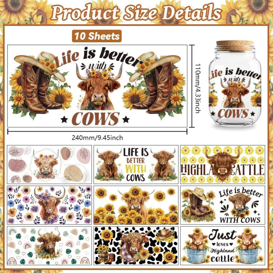 UV DTF Cup Wraps Transferaufkleber Highland Cattle und Sunflower, 10 Blatt wasserfeste Vinyl-Transferaufkleber, Multicolor - Bild 2