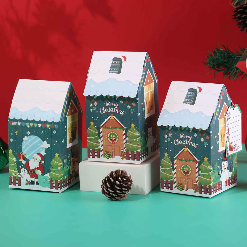 50 Stück Weihnachts Geschenkboxen aus Papier mit Schneemann und Lebkuchenhaus Motiv in Grün und Mehrfarbig - Bild 2