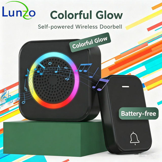 LUNZO Kabellose Türklingel mit farbigem Licht, IP44 wasserdicht, schwarz - Bild 1