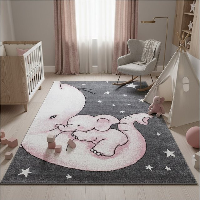 Kinderteppich Kadima Design mit Tier-Motiv, Rosa/Grau, Breite: 120 cm, Länge: 170 cm - Bild 1