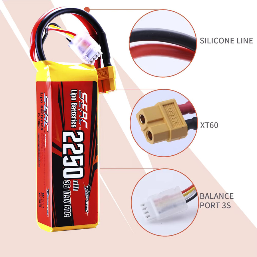 SUNPADOW 3S RC LiPo Akku 2250mAh 11,1V 60C mit XT60 Anschluss für RC Flugzeug, Quadcopter, Hubschrauber und Drohnen - Bild 2