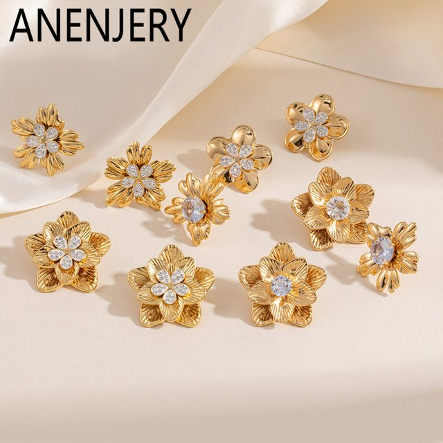 ANENJERY Ohrringe, 316L Edelstahl, Blume, Zirkon, Damen - Bild 1