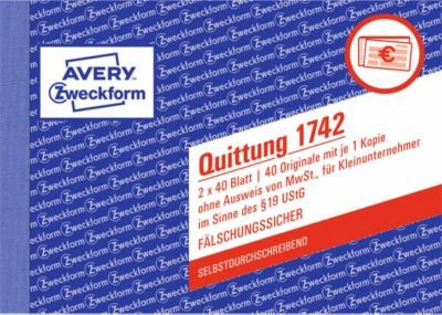 AVERY Zweckform Quittungsblock für Kleinunternehmer ohne MwSt. Nr. 1742 in Weiß und Gelb - Bild 1