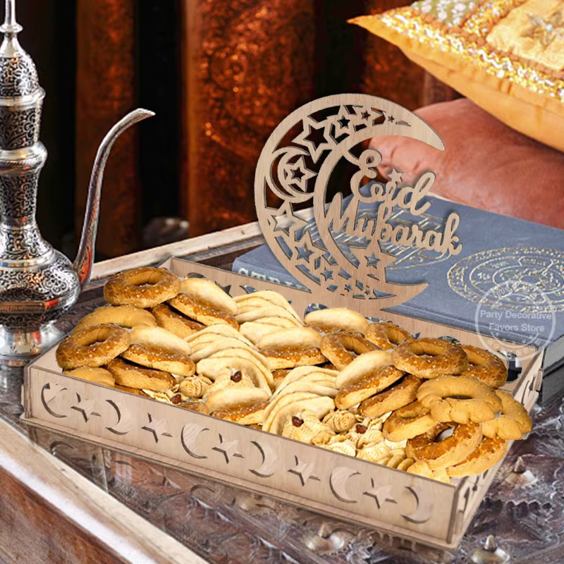 ZQNYCY Holz-Serviertablett mit Mond- und Stern-Design in Braun für Ramadan und Eid Mubarak als orientalische Tischdekoration - Bild 2