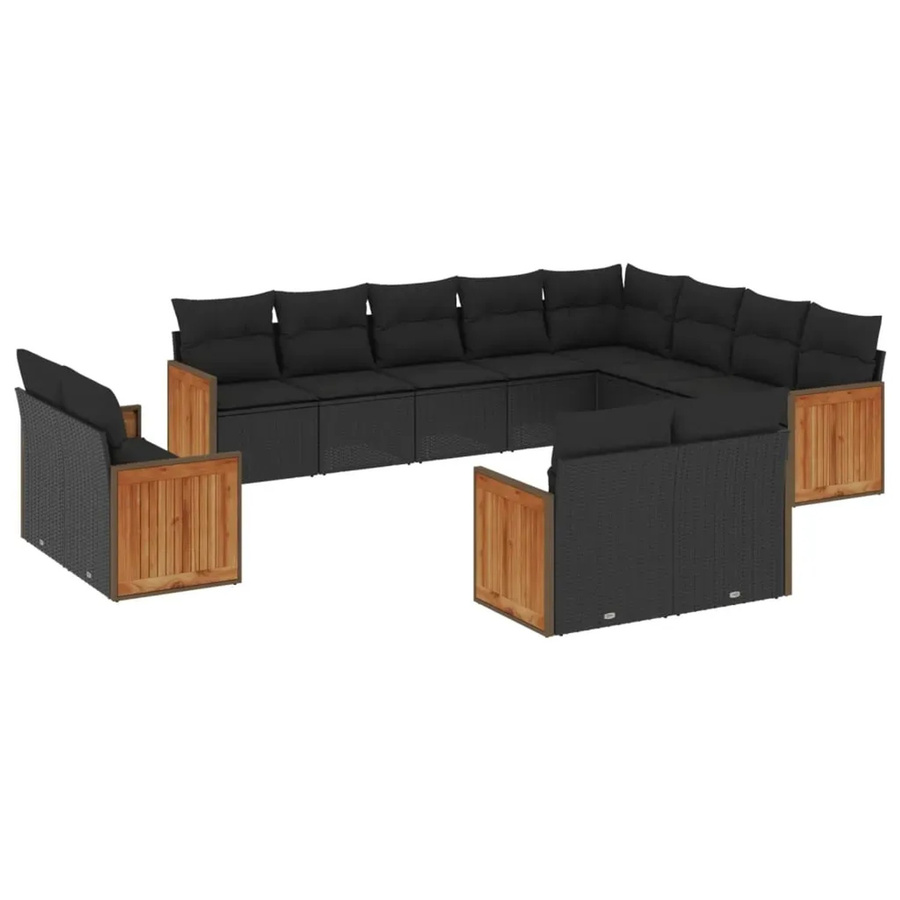 vidaXL 12-tlg. Garten-Sofagarnitur in U-Form aus Polyrattan und Akazienholz in Schwarz mit Kissen - Bild 2