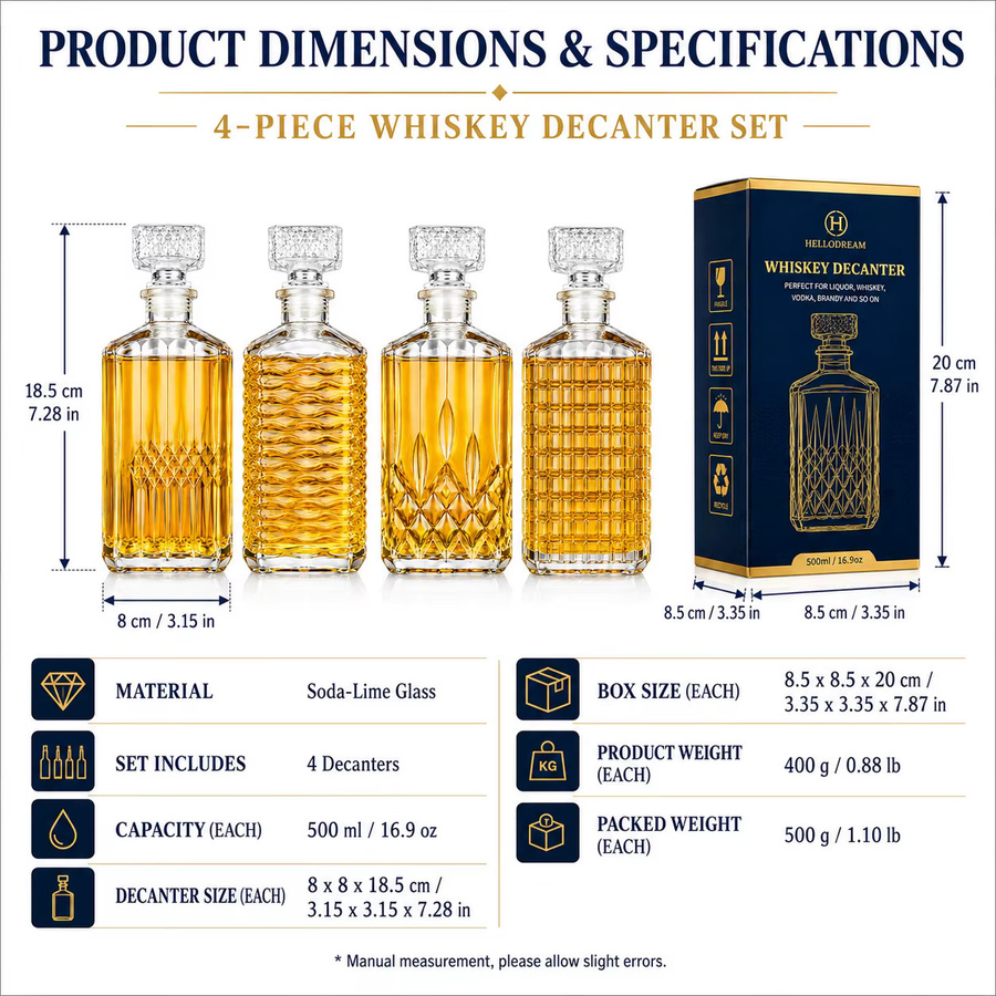 hellodream Whiskey-Dekanter-Set aus Glas mit 4 transparenten Flaschen im geometrischen Design, Füllmenge pro Flasche: 500 ml - Bild 3