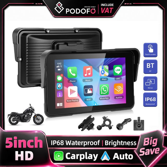 Podofo 5 Zoll HD-Bildschirm Tragbarer Smart Player für Motorräder mit Android Auto und Apple CarPlay, IP68 Wasserdicht, Schwarz - Bild 1