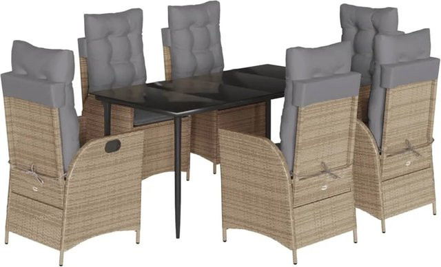 vidaXL 7-teilige Garten-Essgruppe aus Poly Rattan mit Kissen und Glastisch in Beige und Schwarz - Bild 1