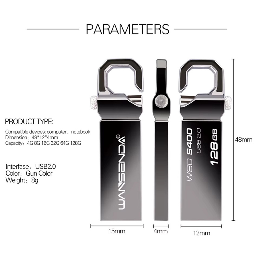 WANSENDA Wasserdichter USB-Flash-Laufwerk aus Metall in Grau, tragbarer USB 2.0 Speicherstick - Bild 4