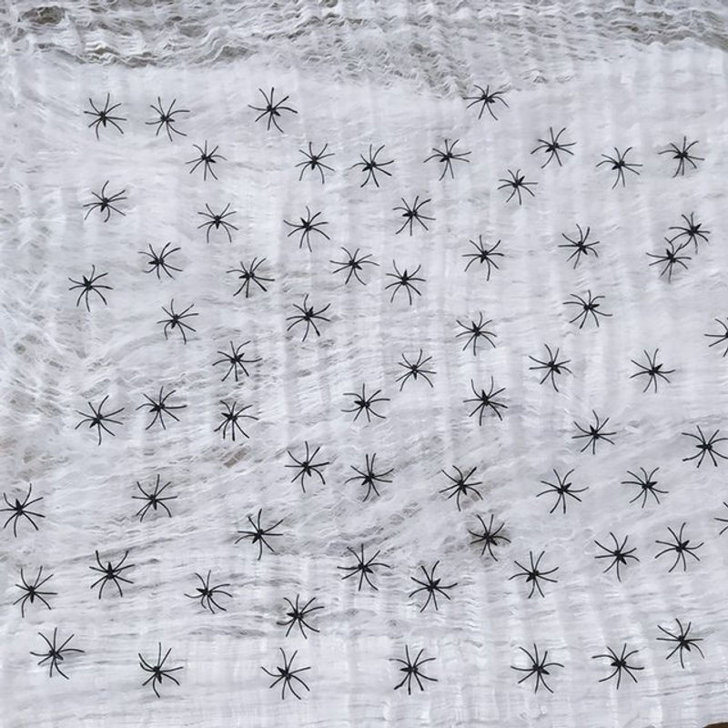 Künstliches Halloween Spinnennetz mit Spinnen für Spukhaus Dekorationen in Weiß und Grün aus Textil - Bild 1