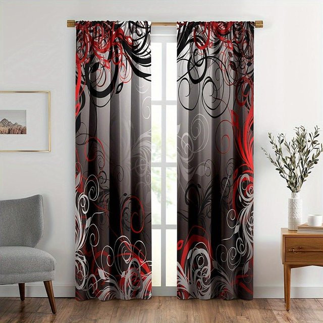 2er-Set halbtransparente Fenstervorhänge mit schwarz-rotem Streifenmuster für Schlafzimmer und Büro, Breite: 210 cm, Höhe: 230 cm - Bild 1