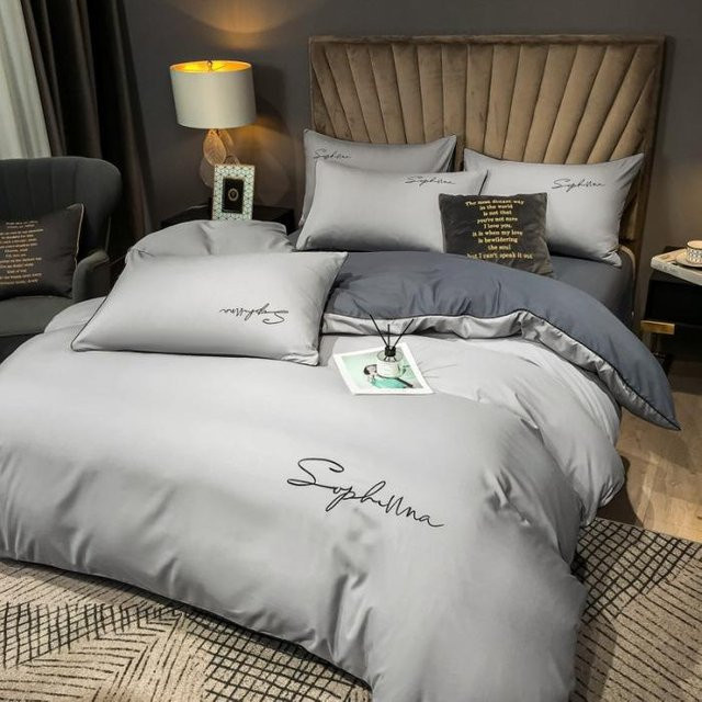 Bin Chi Textiles Bettwäsche-Set mit Stickerei in Grau, bestehend aus Bettbezug, Kissenbezügen und Spannbettlaken, King Size, B/H: 180 x 200 cm - Bild 1