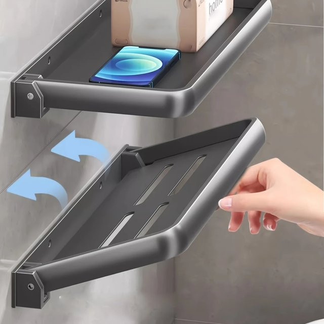 HUILV Badezimmer-Klappregal aus Aluminium, wandmontiertes Aufbewahrungsregal in Matt, platzsparendes Badezimmerzubehör - Bild 1