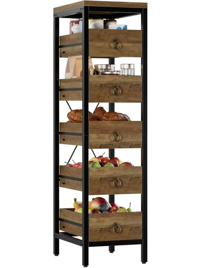 Garvee Schmales 5-stöckiges Küchenregal aus Metall mit Ausziehschubladen, Multifunktionaler Organizer für Küche, Wohnzimmer und Badezimmer, Farbe: Braun oder Rot, Matt - Bild 8