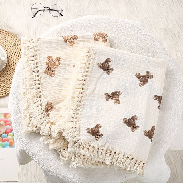 DANIVIVI Baby Decke aus Baumwolle und Musselin mit Bären-Motiv in Weiß - Bild 1