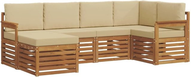 vidaXL Sofagarnitur 6-teilig L-Form aus Massivholz Akazie in Natur und Beige mit Polsterung und Kissen - Bild 1