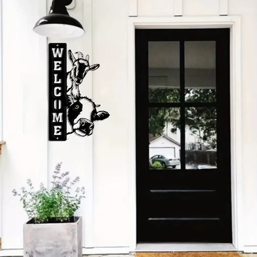 DDPNKL Wandkunst Rustikales Bauernhaus Willkommensschild Kuhschaf in Schwarz aus Metall - Bild 3