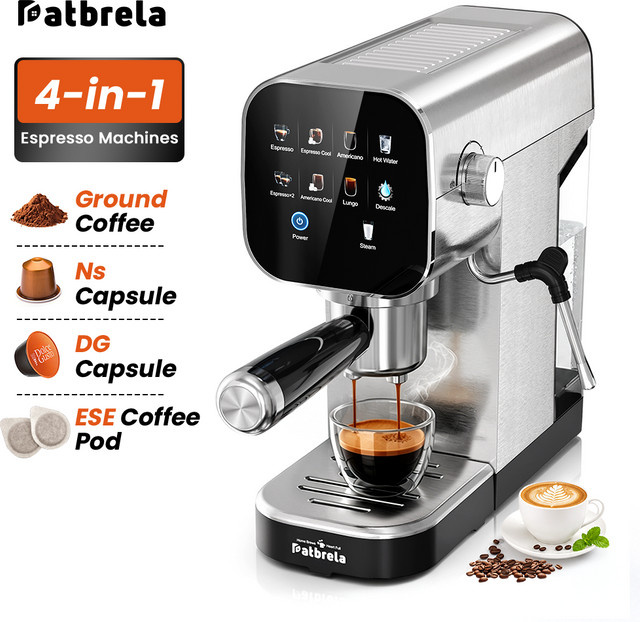 Patbrela Halbautomatische Espresso-Kaffeemaschine mit 20 Bar, Dual Boiler System, Kaltbrüh-Funktion und 4-in-1 Siebträger in Silber aus Edelstahl - Bild 1