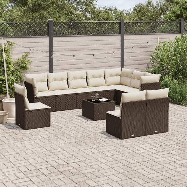 vidaXL 11-tlg. Garten-Sofagarnitur in U-Form aus Polyrattan mit Kissen, Braun - Bild 3
