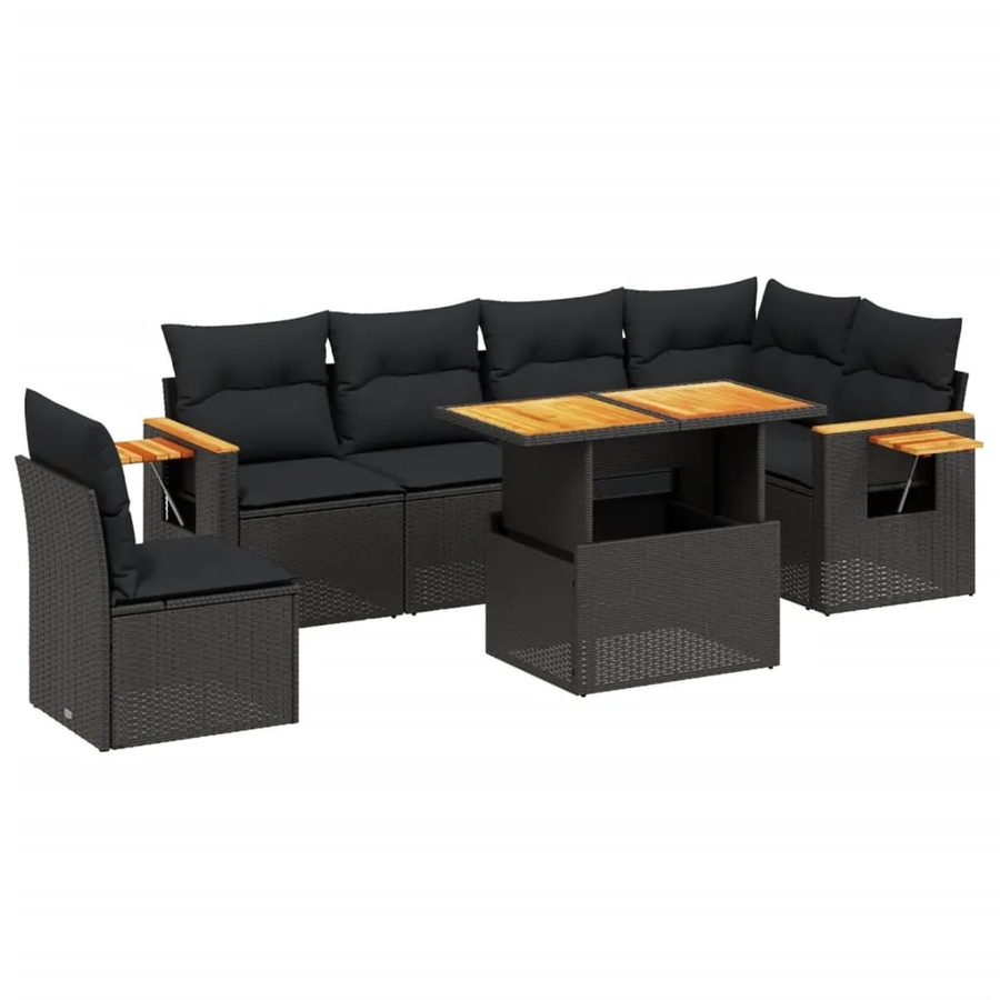 vidaXL 7-teilige Garten-Sofagarnitur aus Poly-Rattan und Akazienholz in Schwarz mit UV-beständigen Kissen - Bild 2