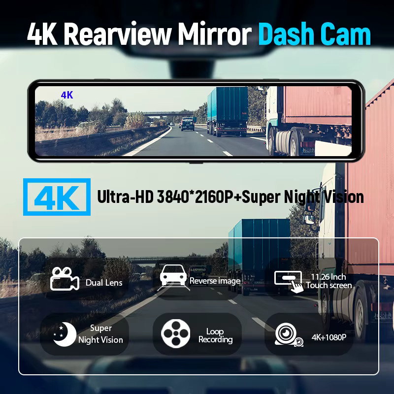 E-ACE 4K WIFI Dashcam Rückspiegel-Rekorder mit 12-Zoll Display und Sony Rückfahrkamera in Schwarz - Bild 2