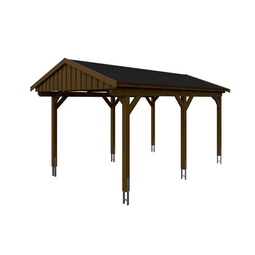 Skan Holz Carport Fichtelberg aus Fichte Leimholz in Nussbaum Braun mit spitzer Dachform und schwarzen Dachschindeln B/T: 317 x 566 cm, Höhe: 303 cm - Bild 3