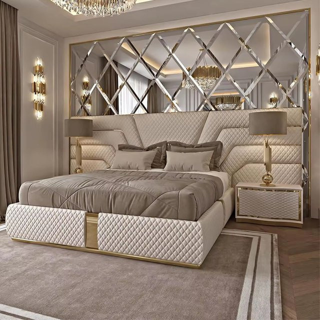 Modernes Kingsize-Bett mit gepolstertem Stoffrahmen in Beige, B/T: 180 x 200 cm - Bild 1