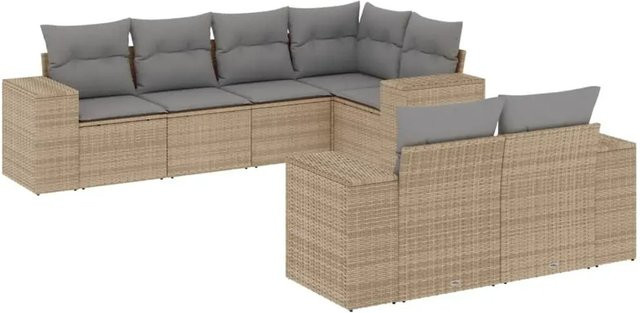 vidaXL 7-tlg. Garten-Sofagarnitur in L-Form aus Poly-Rattan mit Kissen in Beige und Grau - Bild 1