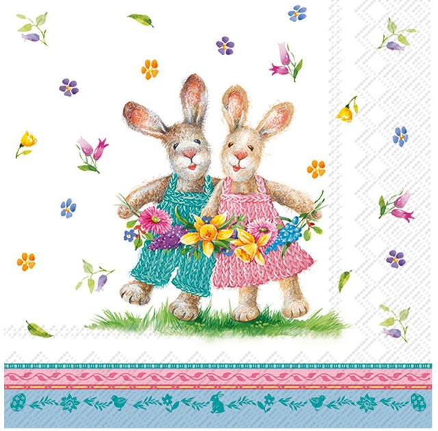 Serviette Frühlingstanz aus Papier mit Hasenpaar und Blumen, Mehrfarbig, Breite: 33 cm, Höhe: 33 cm - Bild 1
