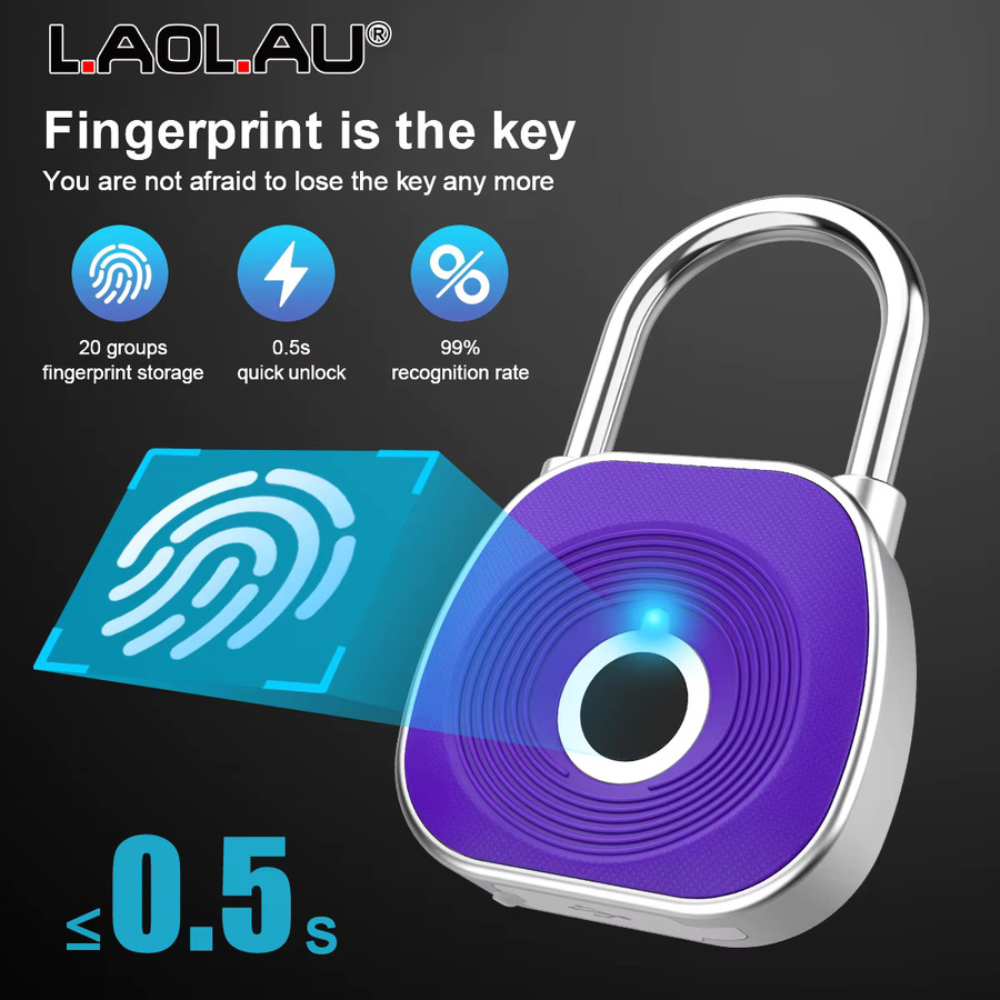 Biometrisches Smart-Vorhängeschloss von L.AOL.AU in Schwarz oder Lila, wasserdichtes digitales USB-Gepäckschloss mit Fingerabdruck-Sensor - Bild 2