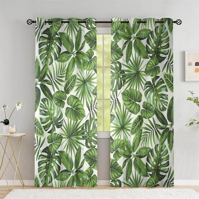 A Family Of Home Textiles Sommer-Vorhänge mit tropischem Palmblatt- und Bananenblatt-Design, semi-transparent, grün, B: 220 cm, H: 240 cm - Bild 1