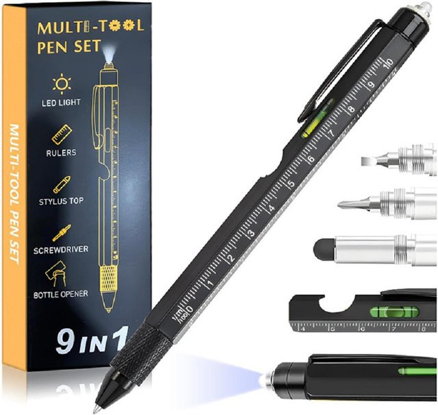 K-SKIN 9-in-1 Multifunktions-Stift-Set aus Metall in Schwarz mit Lineal, Wasserwaage und Kugelschreiber - Bild 1