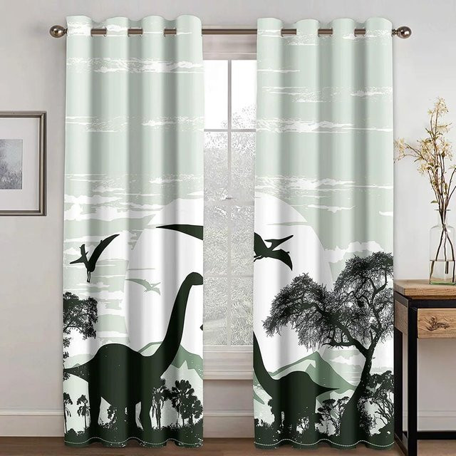 2er-Set Yiran Furniture Vorhänge mit niedlichem Dinosaurier-Cartoon-Motiv aus Polyester, halbtransparent, B: 50 cm, H: 130 cm - Bild 1