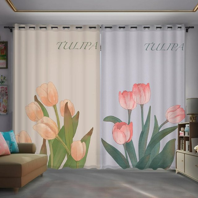 Yiran Furniture Vorhänge mit Tulpenblumen-Digitaldruck in Gelb und Rosa, 2er-Set, halbtransparent, B: 50 cm, H: 100 cm - Bild 1