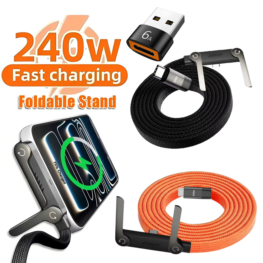 BESY 2-in-1 Schnellladekabel Typ-C zu Typ-C mit faltbarer Halterung für Telefon und Tablet, 240W, Schwarz/Orange - Bild 6