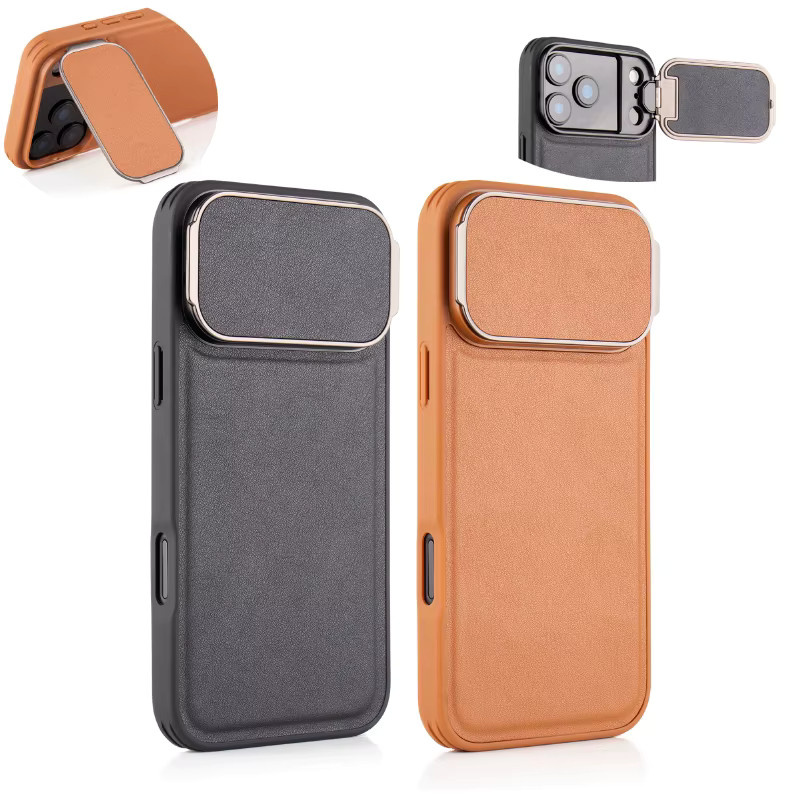 Stoßfeste iPhone Schutzhülle aus Metall und Leder mit Flip-Halterung und Kameraschutz in Schwarz für iPhone 15, iPhone 16 Pro Max und iPhone 17 Pro Max - Bild 1