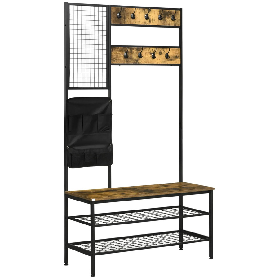 HOMCOM Garderobenständer mit Sitzbank im rustikalen Design, Farbe Braun, B/H/T: 40 x 185 x 40 cm - Bild 2