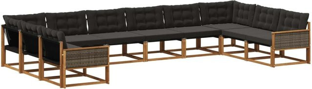 vidaXL Outdoor-Sofagarnitur L-Form aus massivem Akazienholz mit 10 Kissen in Schwarz und Natur - Bild 1