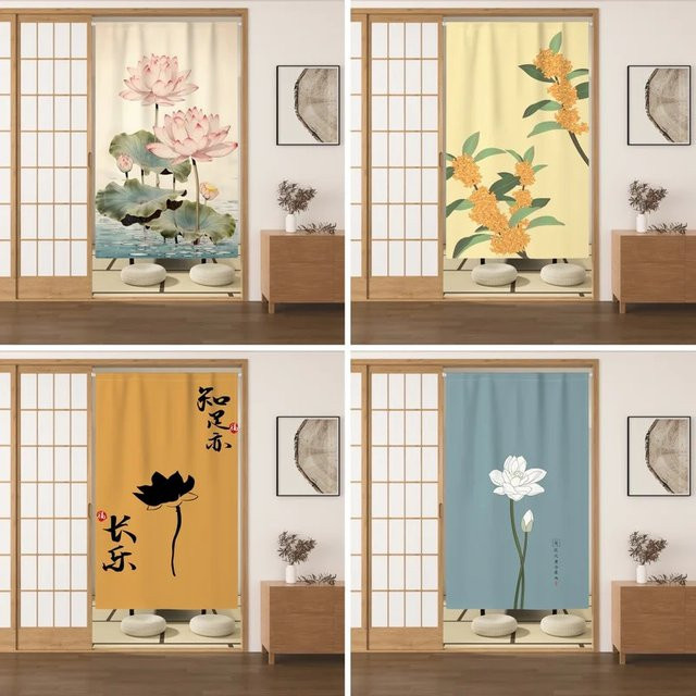 VIKAMA Vorhang im chinesischen Stil mit Lotus- und Osmanthus-Blumendruck als Raumteiler und Teeraum-Dekoration - Bild 1