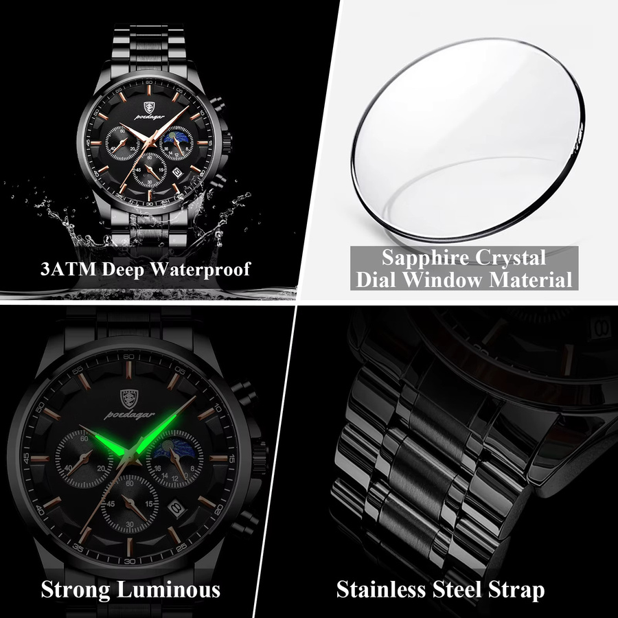 POEDAGAR Armbanduhr Chronograph, Quarz, Edelstahl, Schwarz, Herren - Bild 4