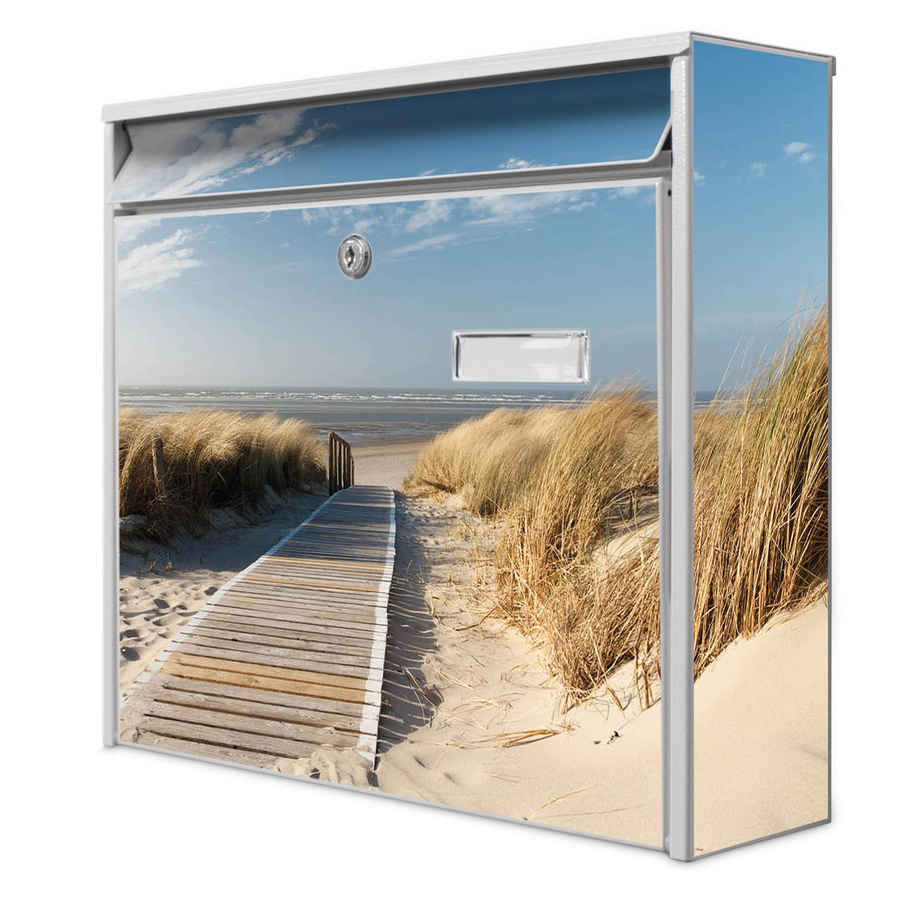 banjado Wandbriefkasten Modell Mail Burg Wächter in Weiß mit Dünen-Motiv aus verzinktem und lackiertem Stahlblech, B/H/T: 36 x 32 x 10 cm - Bild 1