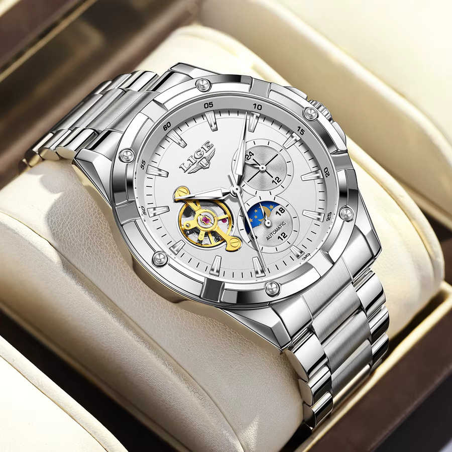 LIGE Chronograph, Automatik, Edelstahl, Silber, Herren - Bild 6