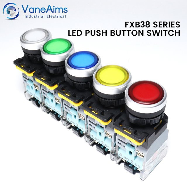 VaneAims FXB38 LED-Drucktastenschalter aus Kunststoff in Gelb, 22 mm, verriegelnder EIN/AUS-Netzschalter mit silbernem Kontakt, 10 A, 12 V / 220 V - Bild 1