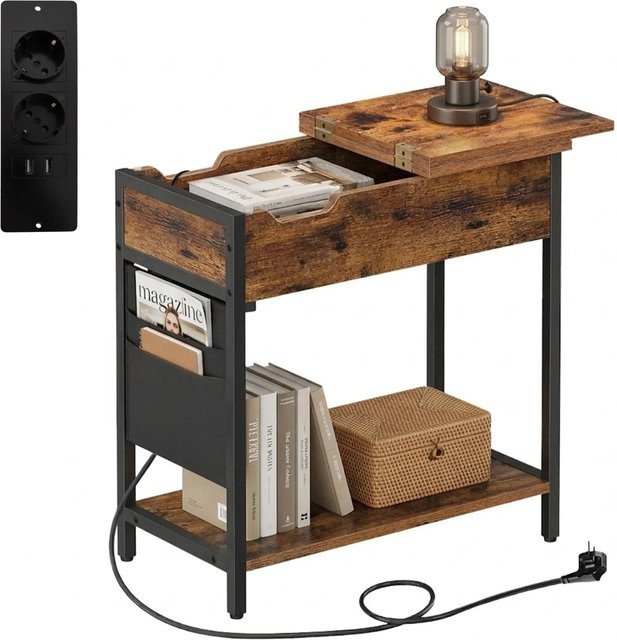 Relaxdays Beistelltisch aus MDF und Eisen in Vintagebraun mit Steckdose, B/T/H: 60 x 60 x 31,5 cm - Bild 1